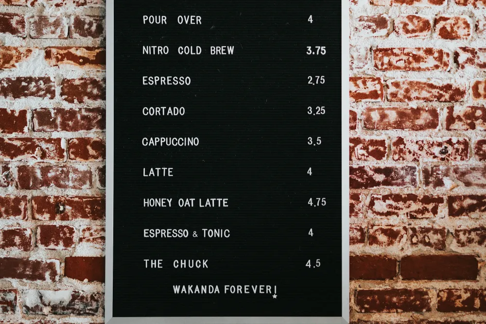 Menu board in the café on a brick wall